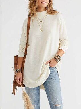 Free People Casey Mock Neck Tunic Sweater Top Ribbed Ivory Cream L